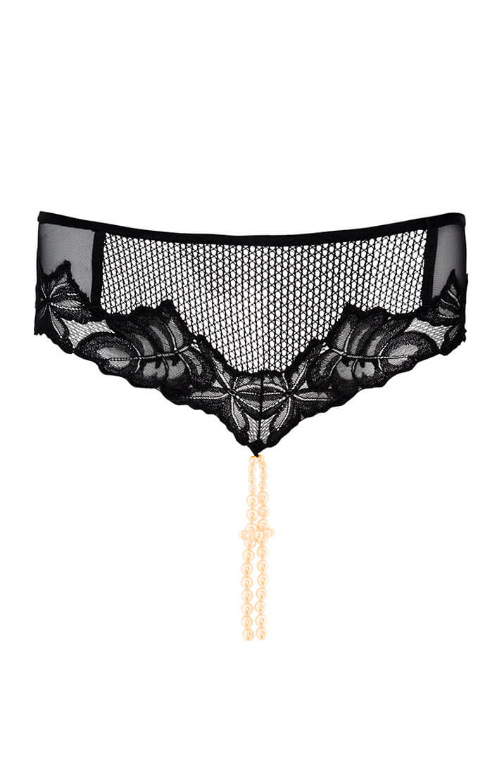 Black brief panty with double pearl string and sheer lace - COAX Copenhagen lingerie