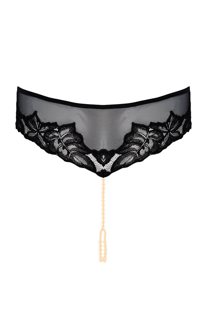 COAX Copenhagen black mesh brief with adjustable pearl ring and luxurious gold accents