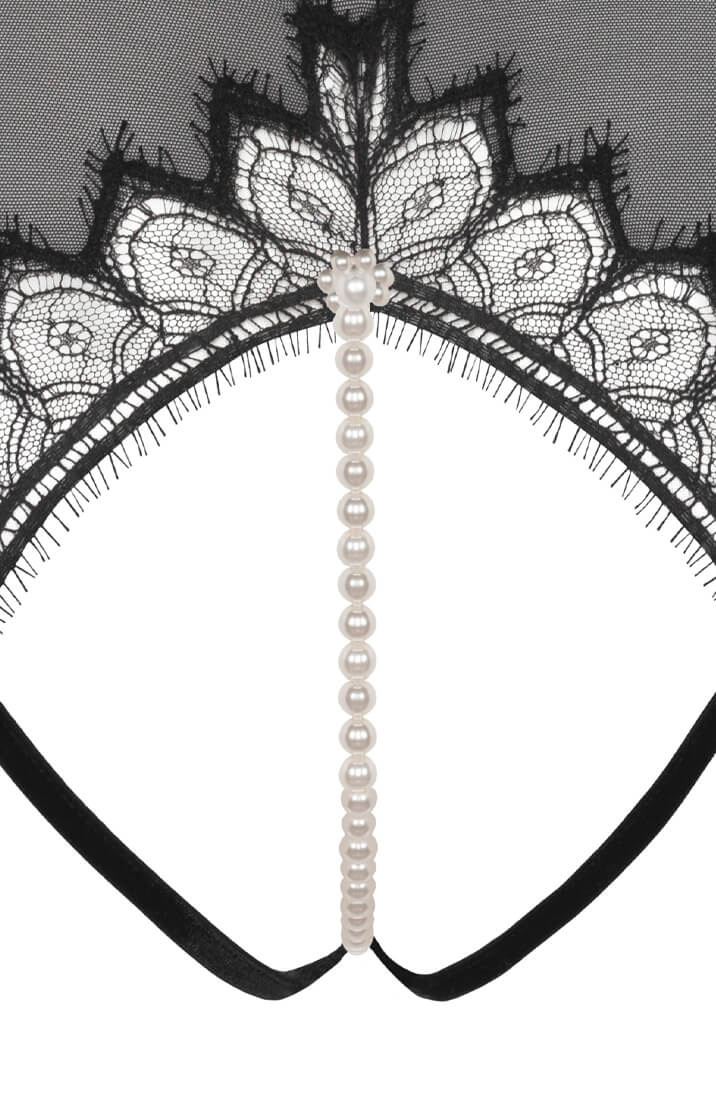 Sheer black brief with ivory pearls and French Leavers lace from Calais