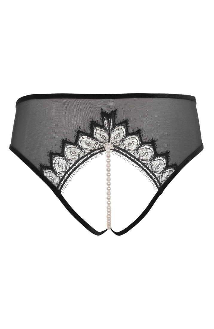 Black French lingerie brief in sheer tulle with single pearl string