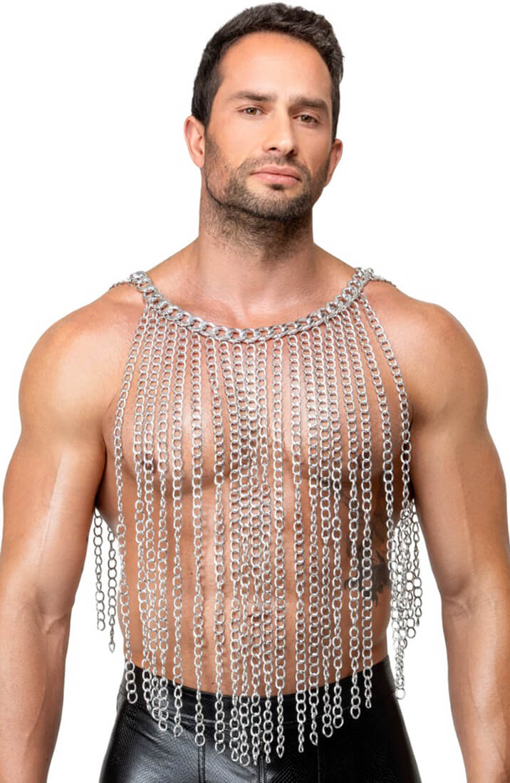 Silver chainmail skirt with long hanging chains and adjustable waist