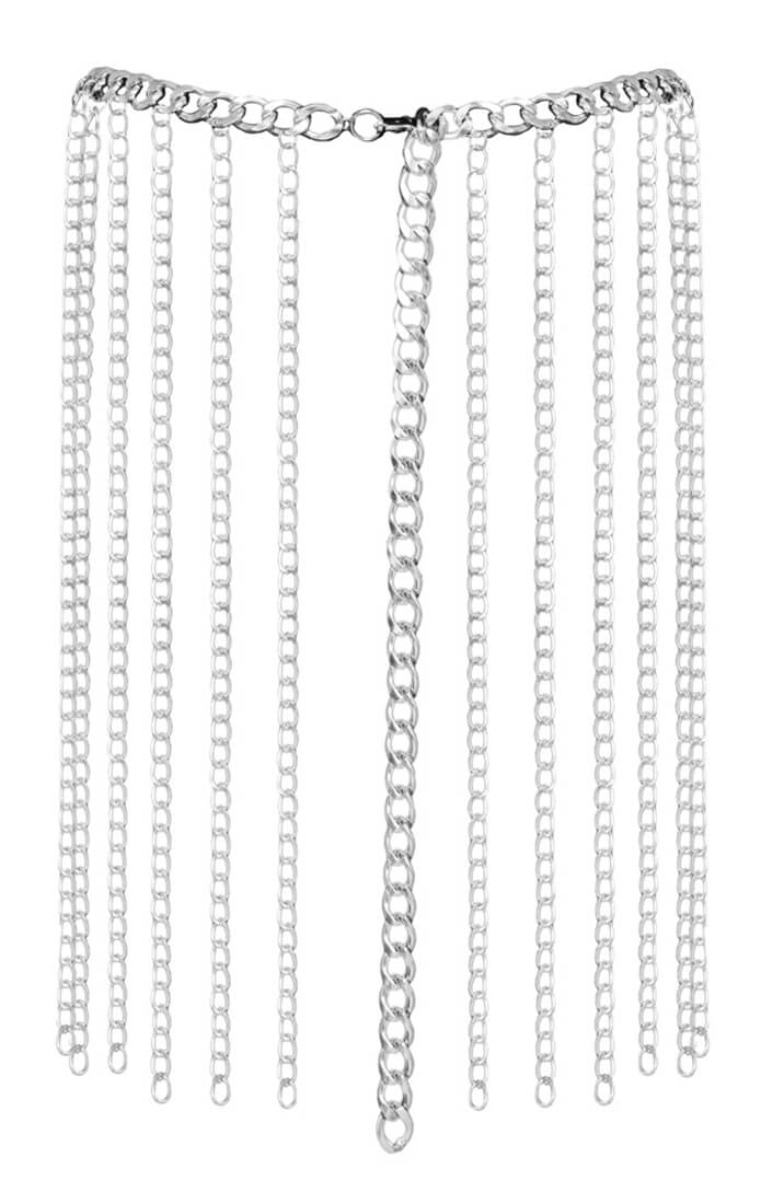 Silver chain skirt with cascading metal chains and adjustable fastening