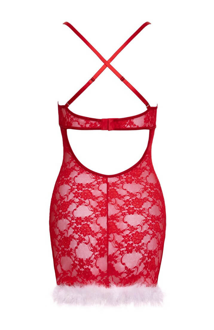 Feather-trimmed red lace chemise with adjustable straps