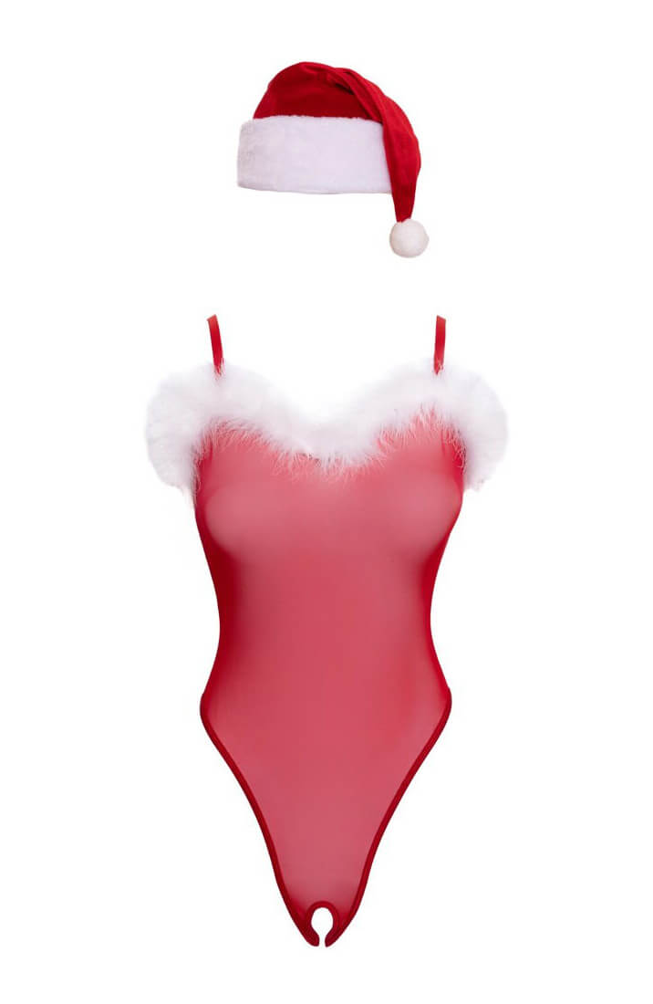 Red holiday bodysuit with crotchless design and feather details