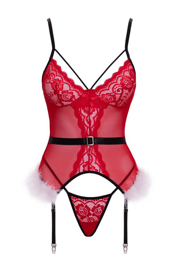 Red lace bustier and garter set designed for Christmas nights