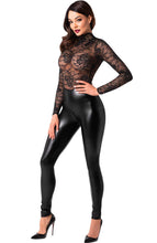 Load image into Gallery viewer, Seductive black wet look catsuit with sheer lace panels for a striking contrast