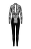 Lace-trimmed black wet look catsuit that molds to the body, exuding power and seduction