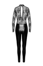 Load image into Gallery viewer, Lace-trimmed black wet look catsuit that molds to the body, exuding power and seduction