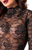 Glossy black wet look catsuit featuring delicate lace accents for an elegant, sultry finish