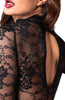 Black wet look catsuit with strategically placed lace inserts for a daring, feminine touch