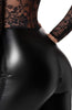 High-shine black wet look catsuit with lace panels that sculpt and accentuate every curve