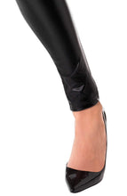 Load image into Gallery viewer, Edgy meets elegance in this black wet look catsuit with sheer lace details - pure confidence