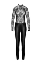 Load image into Gallery viewer, Sensual black lace and wet look catsuit that combines fetish aesthetics with high-fashion appeal