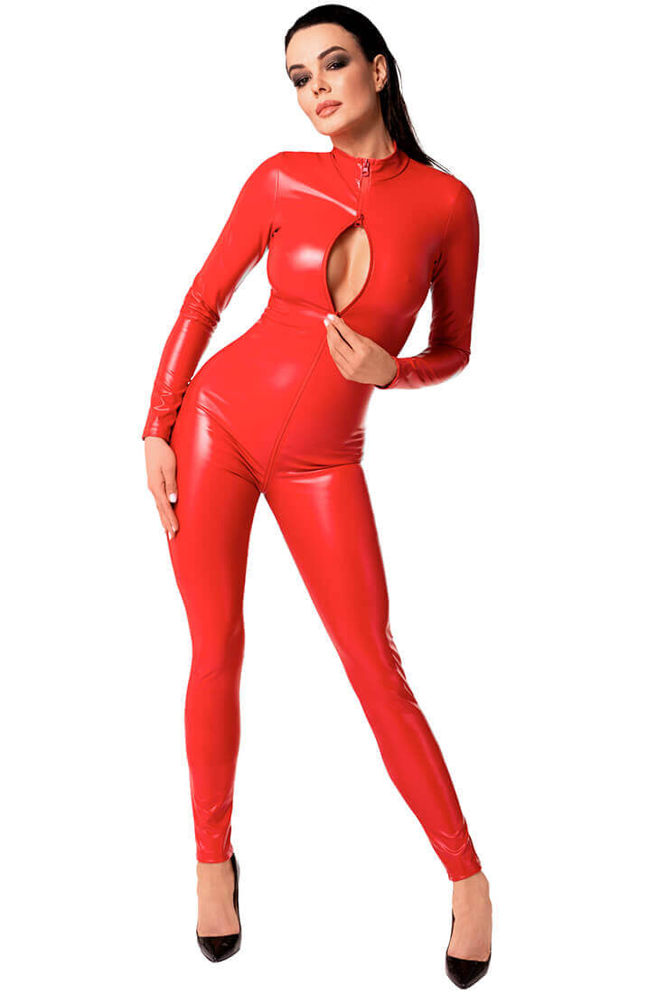 COAX Copenhagen - Red wet look Catsuit in Orgy - front zip