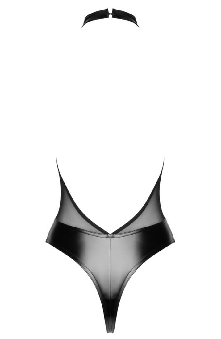 COAX Fetish wet look and mesh halterneck bodysuit with sparkling rhinestones
