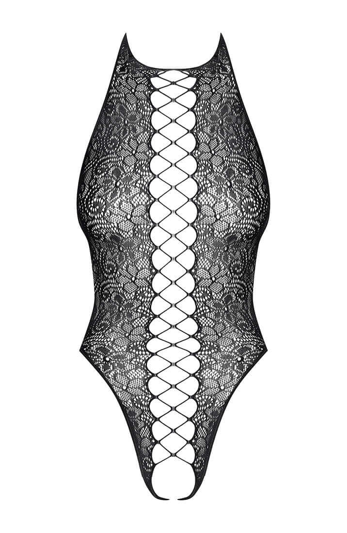 Crotchless bodysuit with faux lace-up