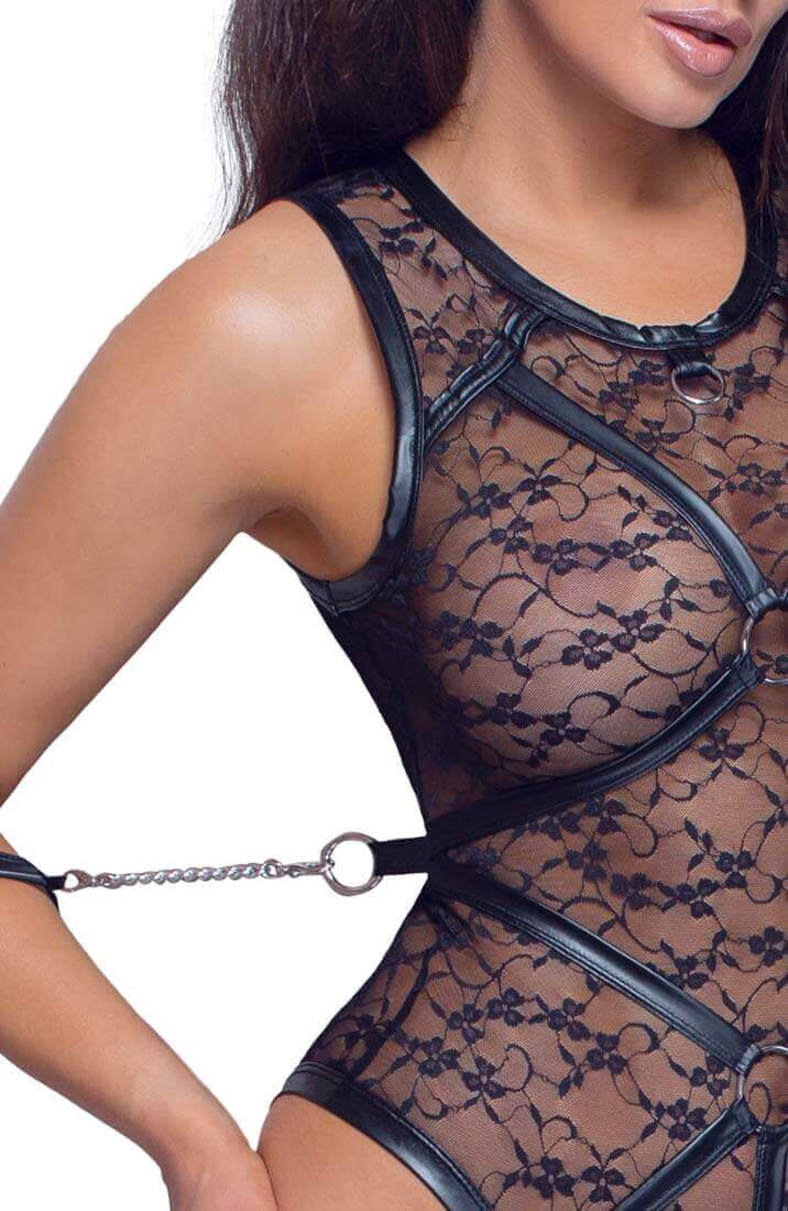 Crotchless lace bodysuit with harness & metal string