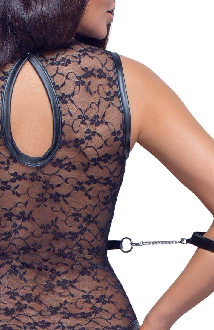 Crotchless lace bodysuit with harness & metal string