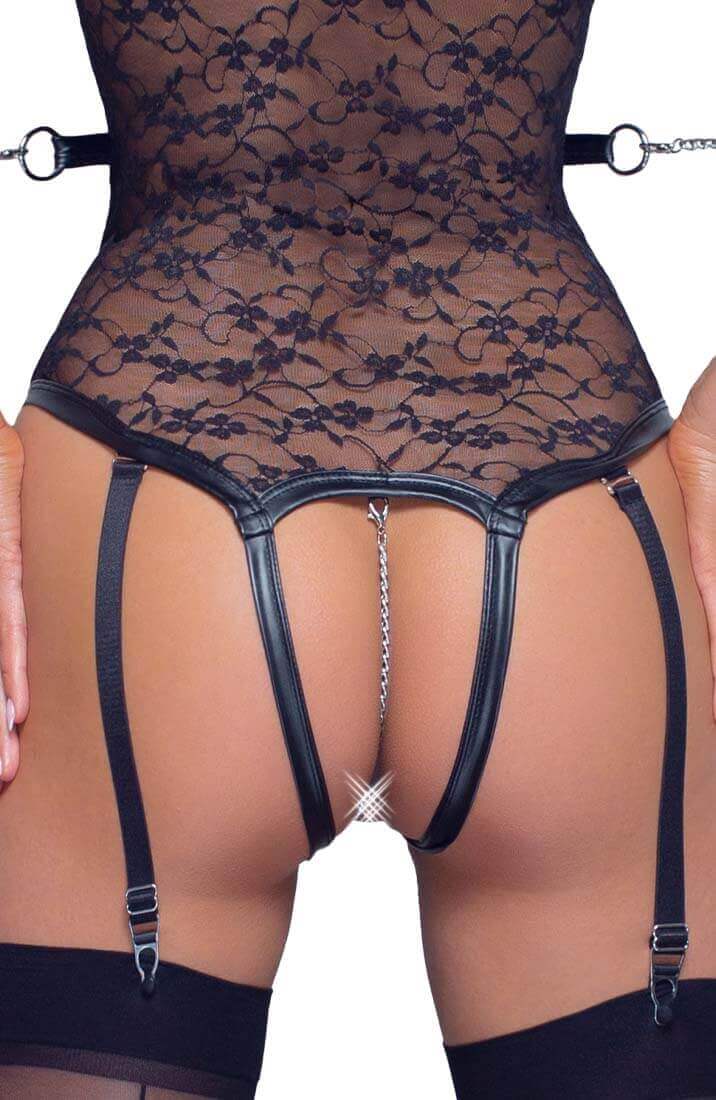 Crotchless lace bodysuit with harness & metal string