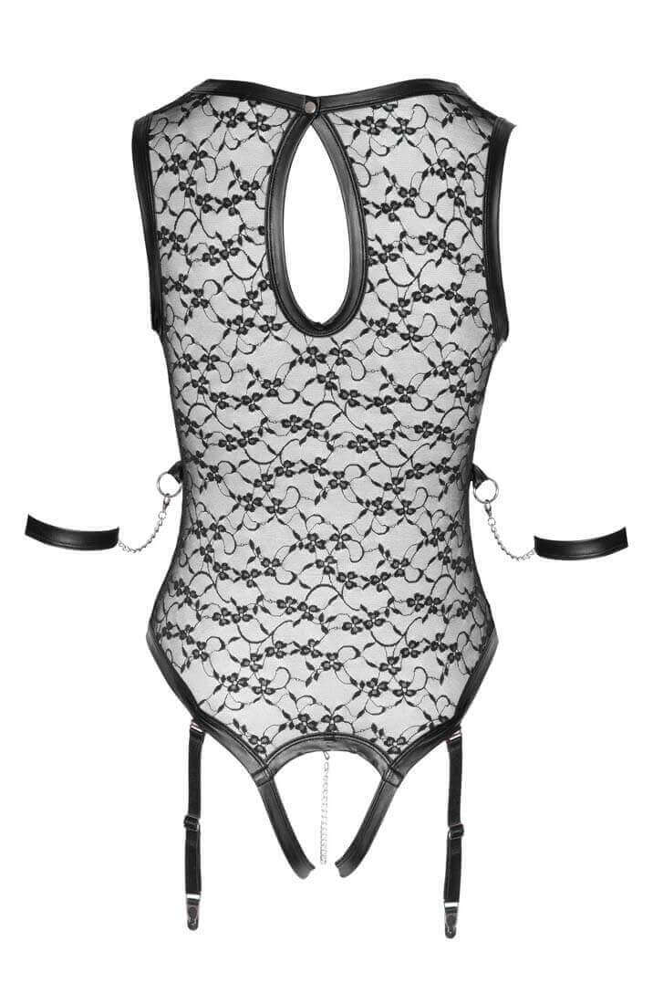 Crotchless lace bodysuit with harness & metal string