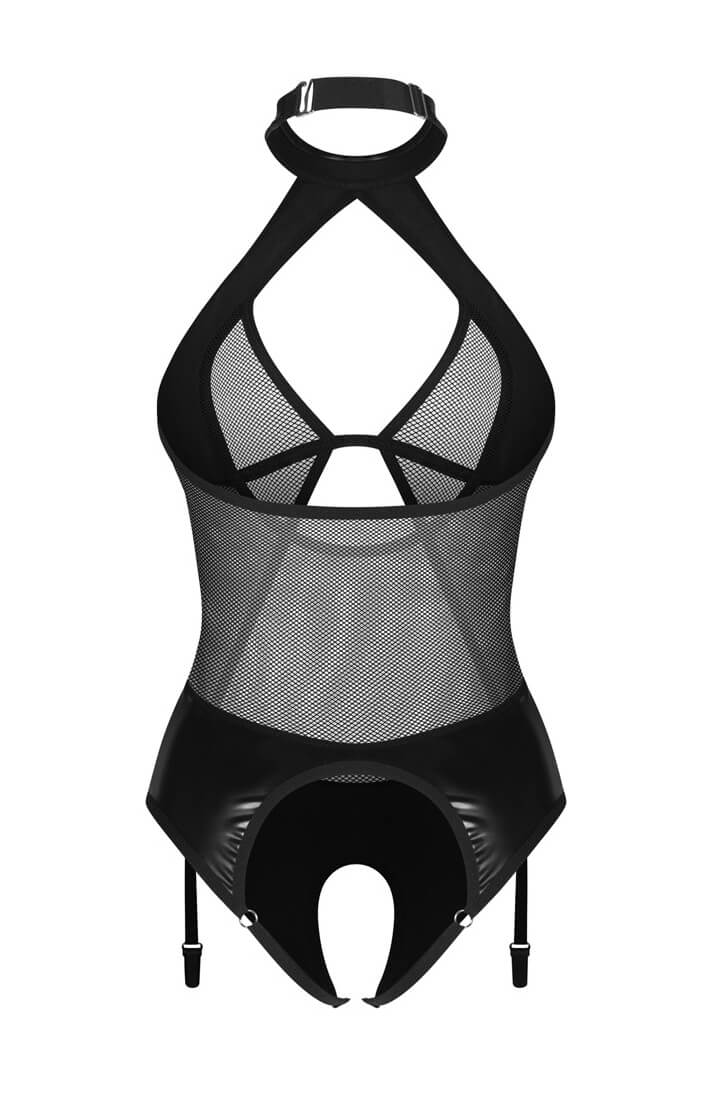 Crotchless lingerie in black wet look and mesh, COAX Copenhagen sexy lingerie