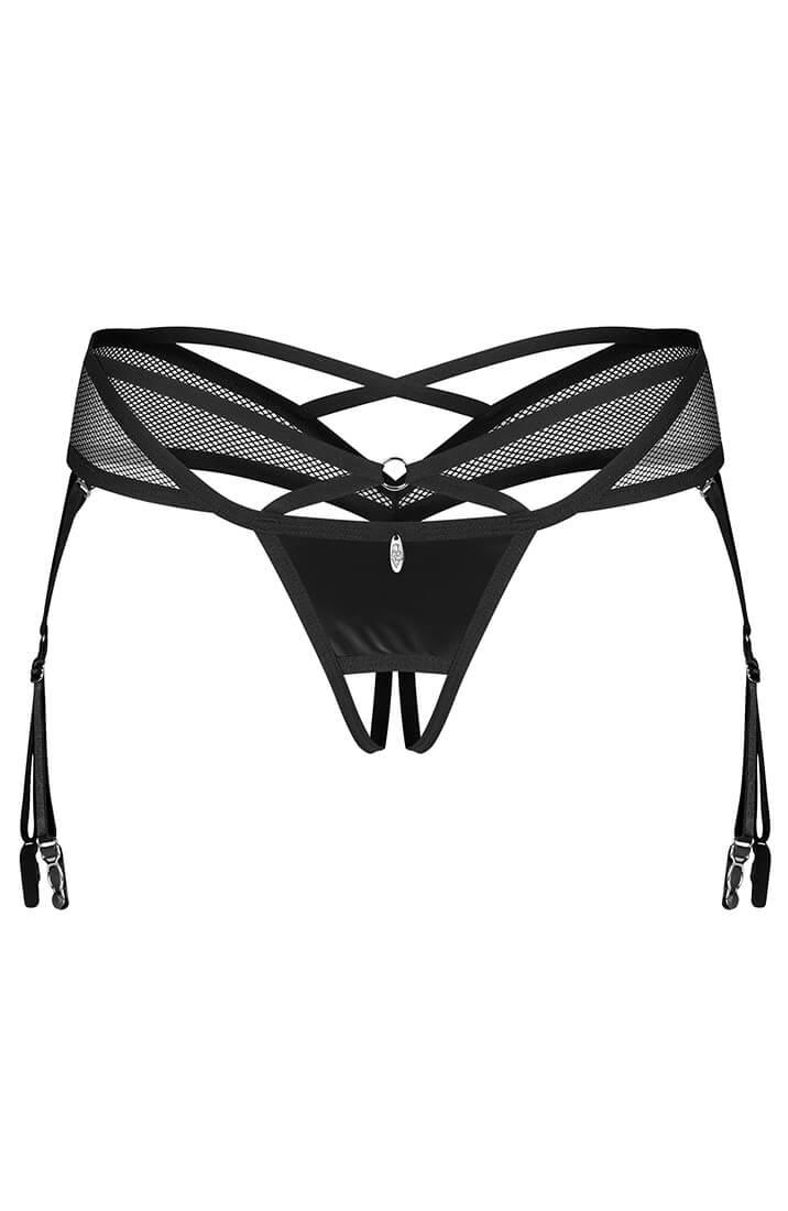 Wet look suspender thong with removable criss-cross garter straps