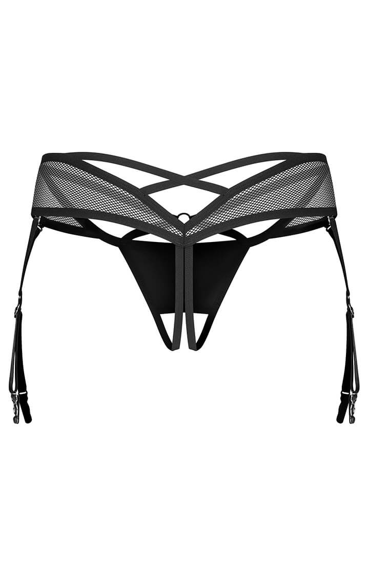 Matte black suspender thong with sheer mesh