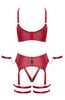 Flat lay of erotic lingerie set with bra, thong, and cuffs - COAX Copenhagen fetishwear