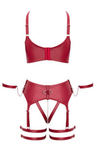 Load image into Gallery viewer, Flat lay of erotic lingerie set with bra, thong, and cuffs - COAX Copenhagen fetishwear