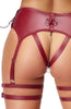 Detailed view of adjustable thigh straps and decorative rings in erotic lingerie design