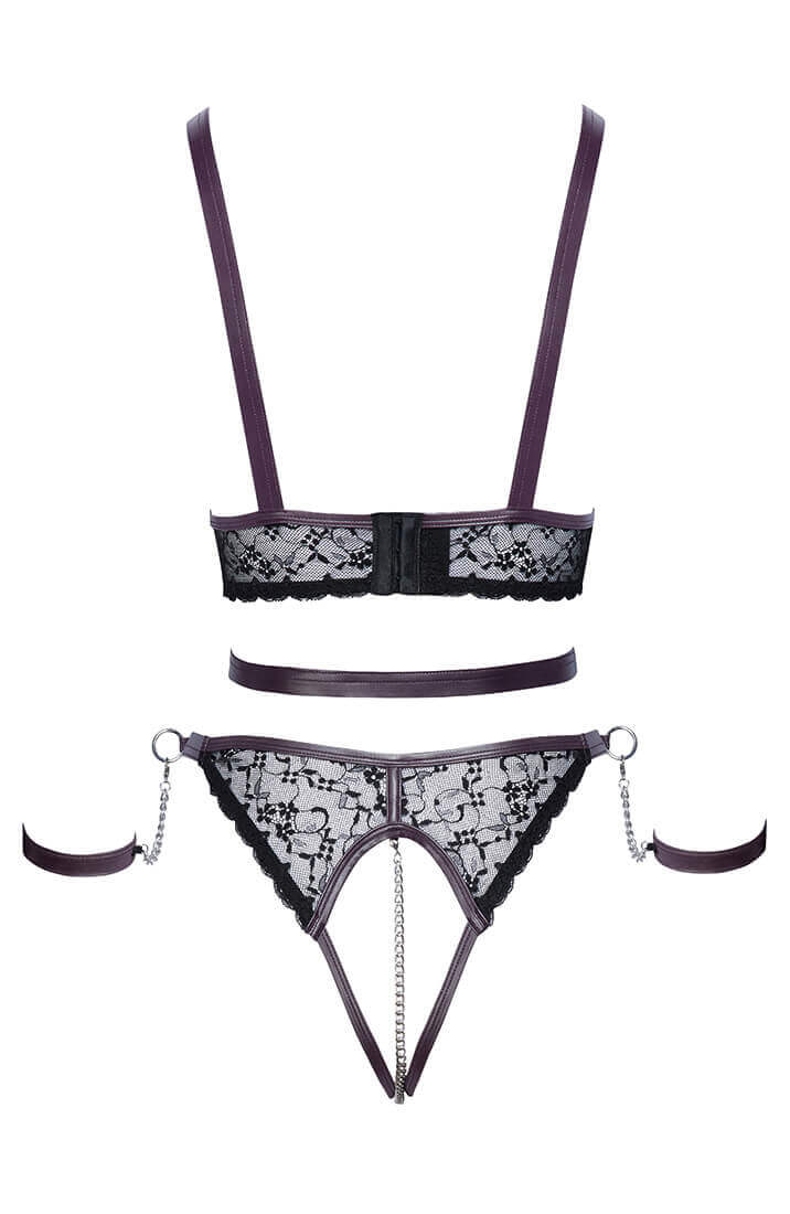 Easy-access bondage-inspired lingerie with open cups, crotchless panty and soft restraints