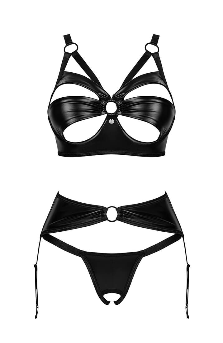 Provocative 3 pc black lingerie with cut-outs and silver ring accents