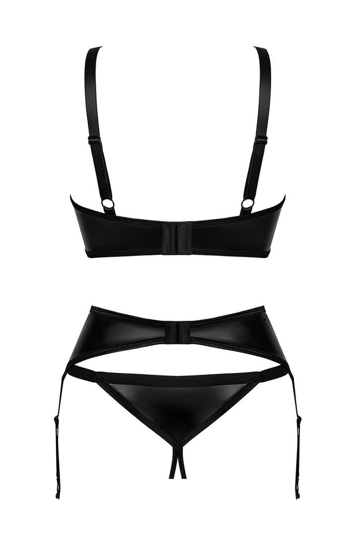 Bold black bra set with O-rings, high waist garter, and crotchless thong