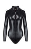 Erotic black wet look bodysuit with 3-way zip