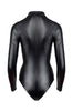 Erotic black wet look bodysuit with 3-way zip