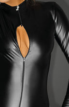 Load image into Gallery viewer, Erotic black wet look bodysuit with 3-way zip