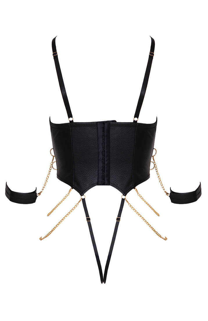 Faux leather bondage bodysuit with wrist restraints and gold-tone hardware