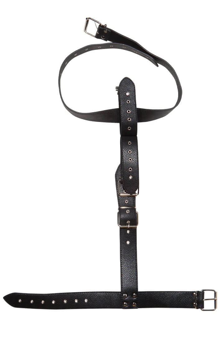 Faux leather restraint set with collar, waist strap, and rear handcuffs for erotic play