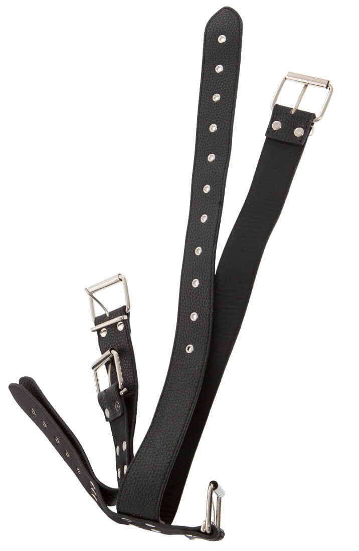 Faux leather BDSM restraint with connected collar, back strap, and cuffs