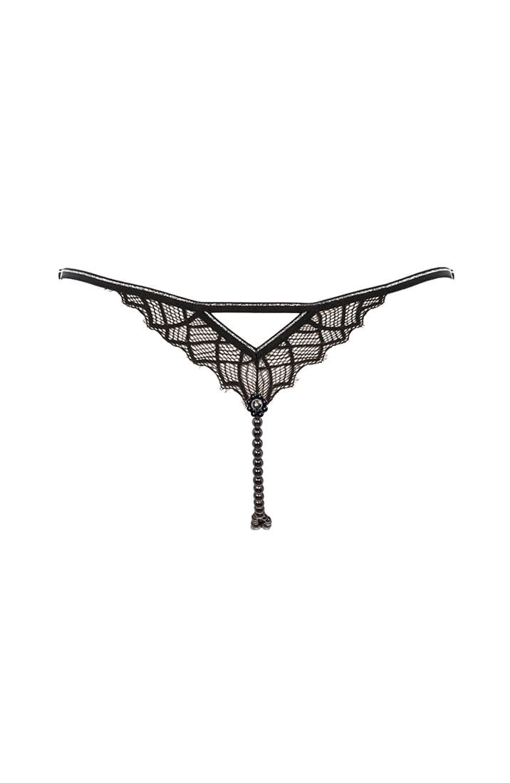 Black lace pearl G-string with double black pearls