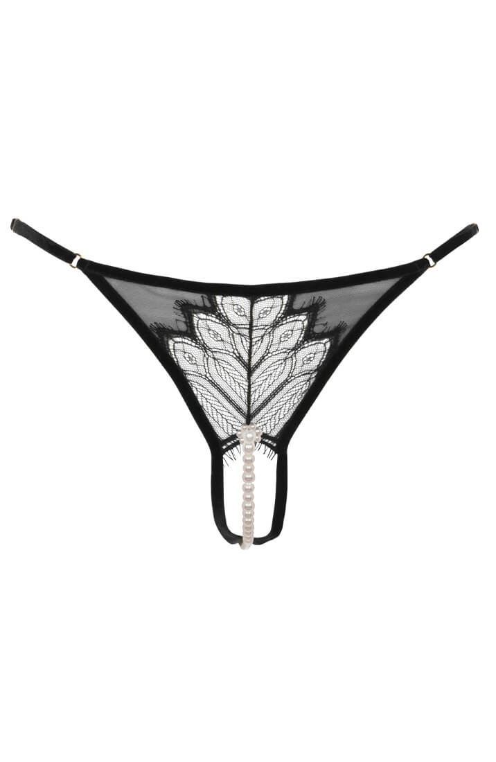 Black G-string pearl panties with French Leavers lace from Calais