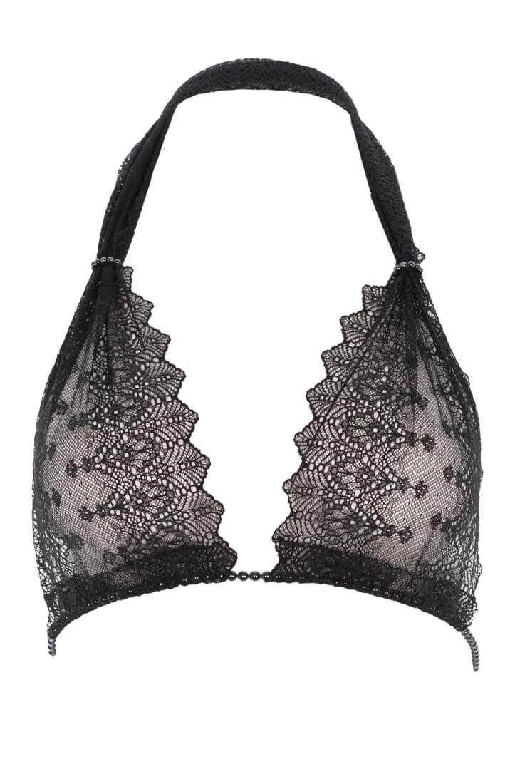 Black lace bralette with black Manacor pearls and satin tie-back by COAX Copenhagen
