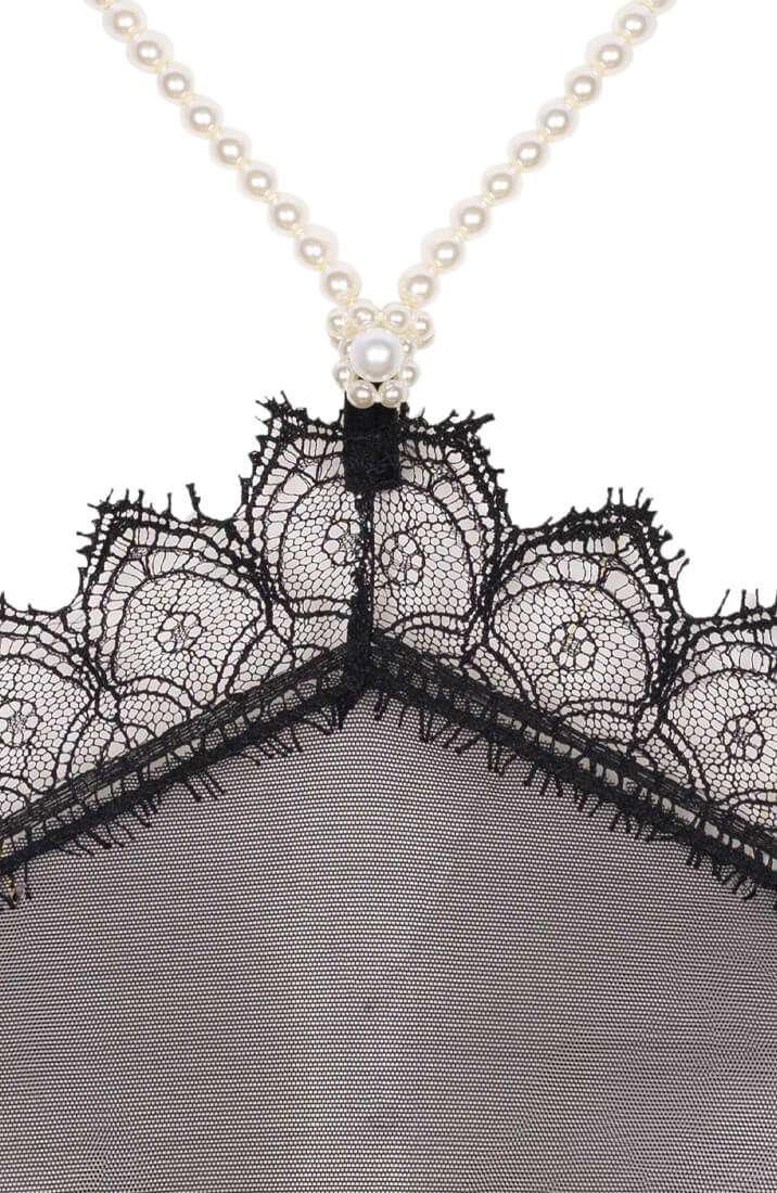 Luxury halter bralette with French Calais lace and removable ivory pearls