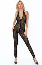 Load image into Gallery viewer, Sheer black halter neck catsuit with leopard flock embroidery