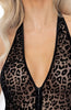 Sheer black halter neck catsuit with leopard flock embroidery