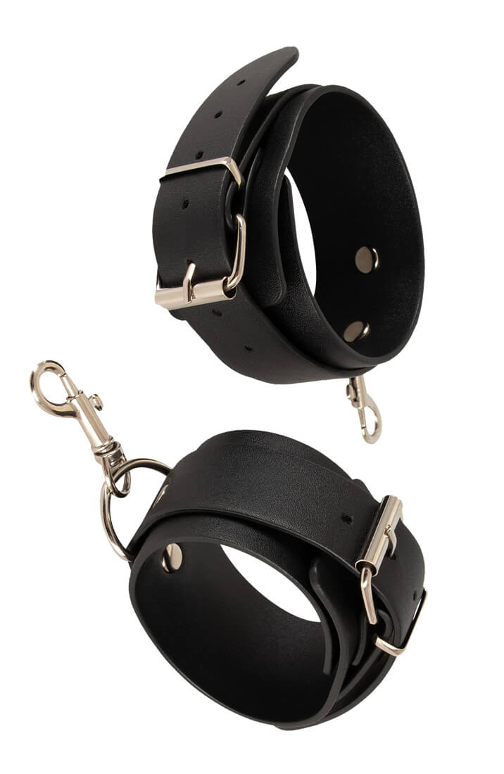 COAX Copenhagen black fetishwear harness with cuffs and silver-tone rings