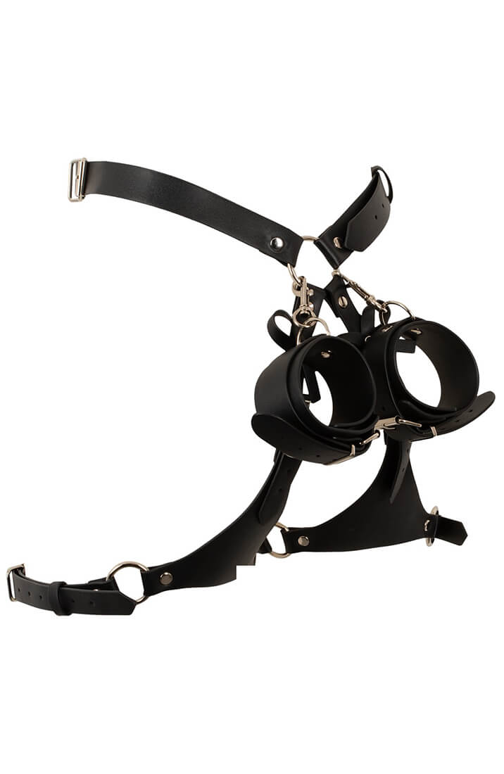 Black bondage harness with adjustable waist, thigh straps and wrist cuffs