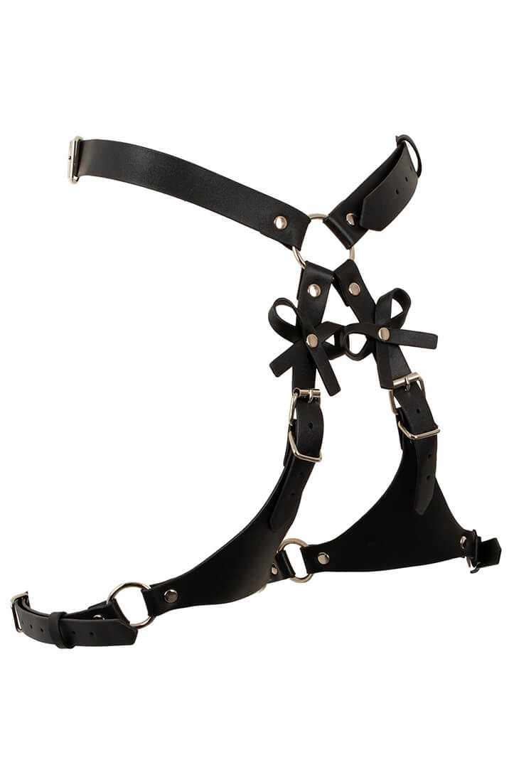 Sexy black harness with removable cuffs and playful bow details