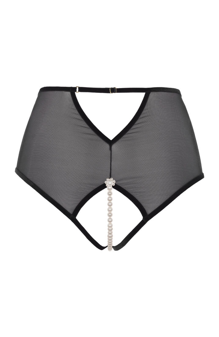 Black French lingerie brief with removable ivory pearl string