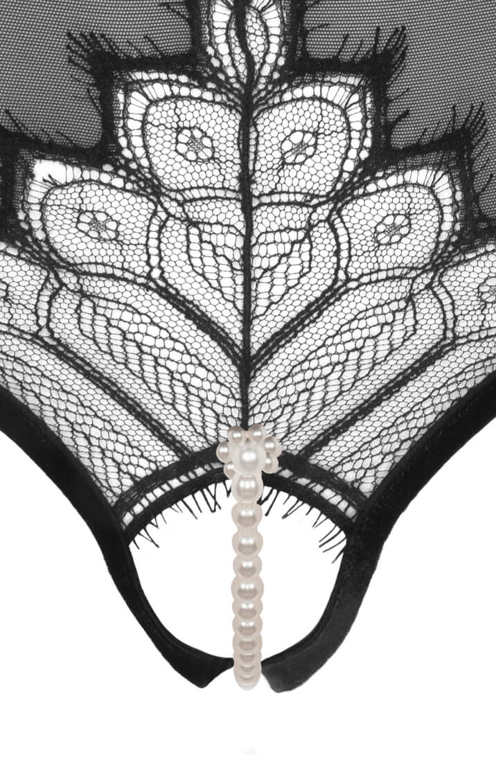 Black luxury lingerie with French Calais lace and stimulating pearl string